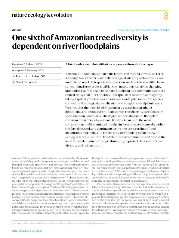 One sixth of Amazonian tree diversity is dependent on river floodplains Thumbnail