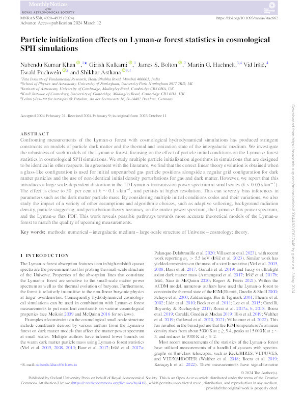 Particle initialization effects on Lyman- αforest statistics in cosmological SPH simulations Thumbnail