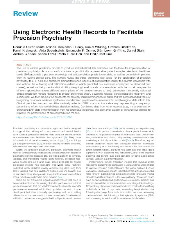 Using Electronic Health Records to Facilitate Precision Psychiatry Thumbnail