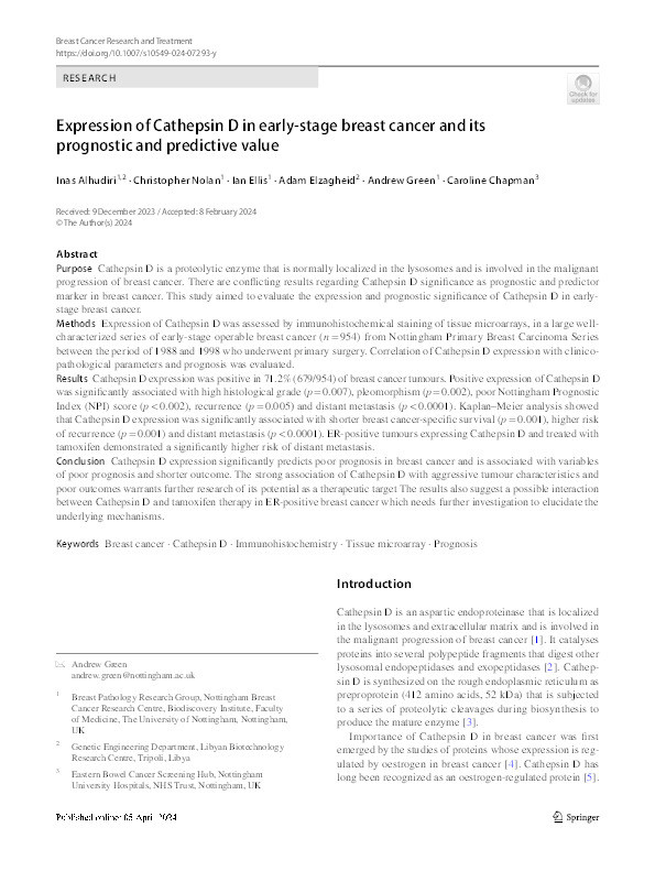 Expression of Cathepsin D in early-stage breast cancer and its prognostic and predictive value Thumbnail