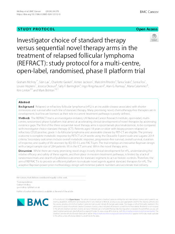 Investigator choice of standard therapy versus sequential novel therapy arms in the treatment of relapsed follicular lymphoma (REFRACT): study protocol for a multi-centre, open-label, randomised, phase II platform trial Thumbnail