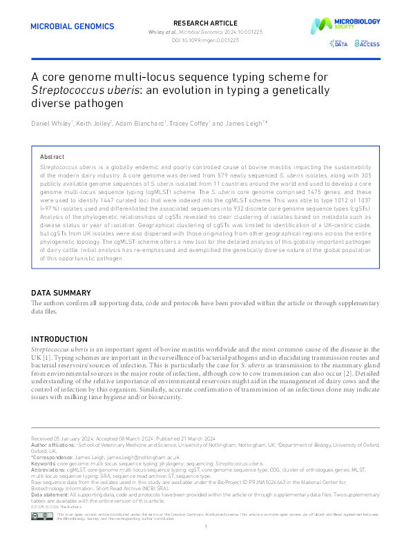 A core genome multi-locus sequence typing scheme for Streptococcus uberis: an evolution in typing a genetically diverse pathogen Thumbnail