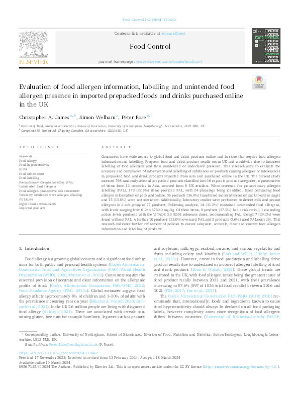 Evaluation of food allergen information, labelling and unintended food allergen presence in imported prepacked foods and drinks purchased online in the UK Thumbnail