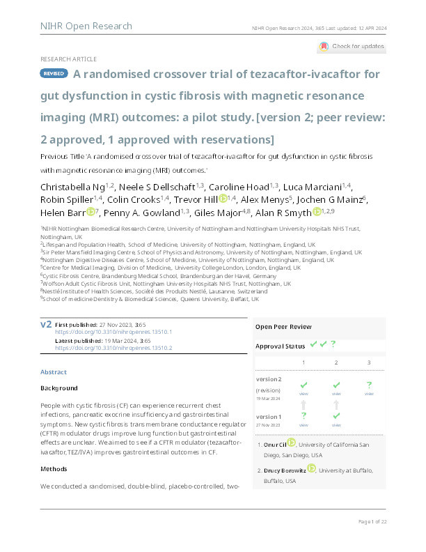 A randomised crossover trial of tezacaftor-ivacaftor for gut dysfunction in cystic fibrosis with magnetic resonance imaging (MRI) outcomes: a pilot study Thumbnail