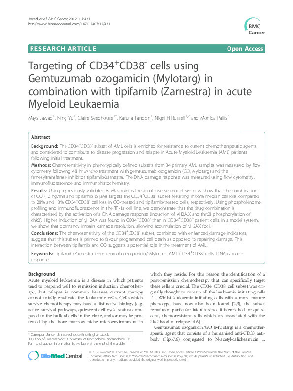 Targeting of CD34+CD38- cells using Gemtuzumab ozogamicin (Mylotarg) in combination with tipifarnib (Zarnestra) in acute Myeloid Leukaemia Thumbnail