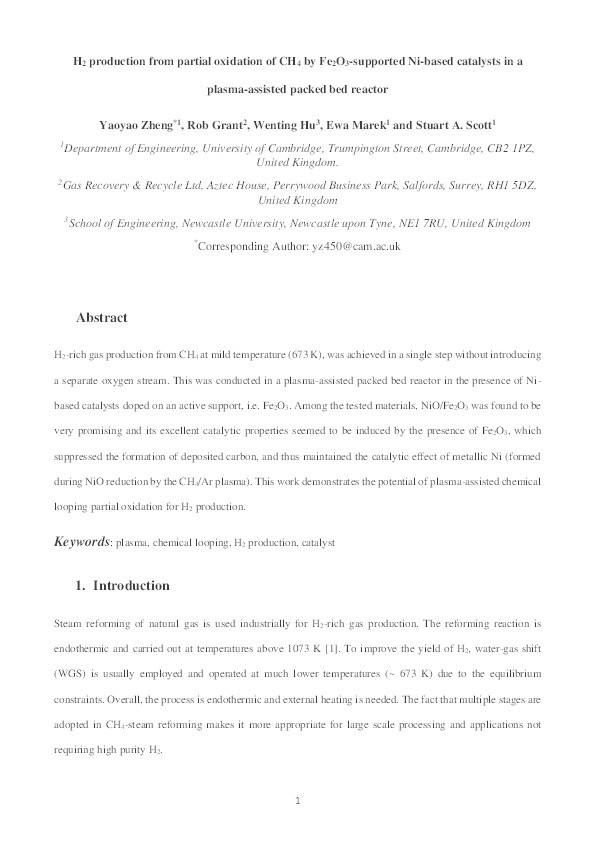 H2 production from partial oxidation of CH4 by Fe2O3-supported Ni-based catalysts in a plasma-assisted packed bed reactor Thumbnail