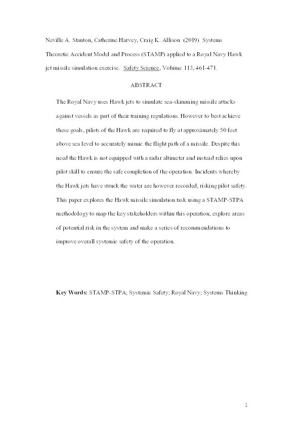 Systems Theoretic Accident Model and Process (STAMP) applied to a Royal Navy Hawk jet missile simulation exercise Thumbnail