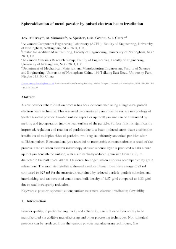 Spheroidisation of metal powder by pulsed electron beam irradiation Thumbnail