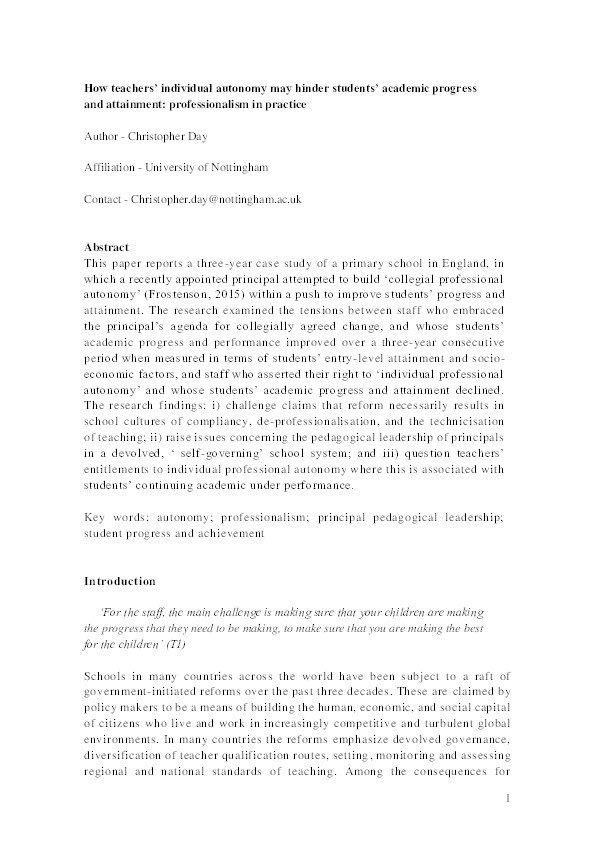 How teachers’ individual autonomy may hinder students’ academic progress and attainment: Professionalism in practice Thumbnail