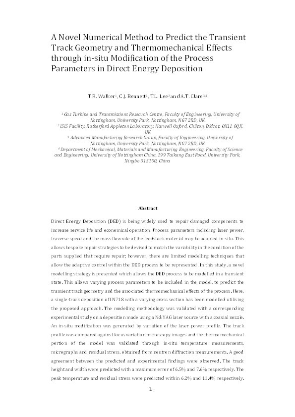 A novel numerical method to predict the transient track geometry and thermomechanical effects through in-situ modification of the process parameters in Direct Energy Deposition Thumbnail