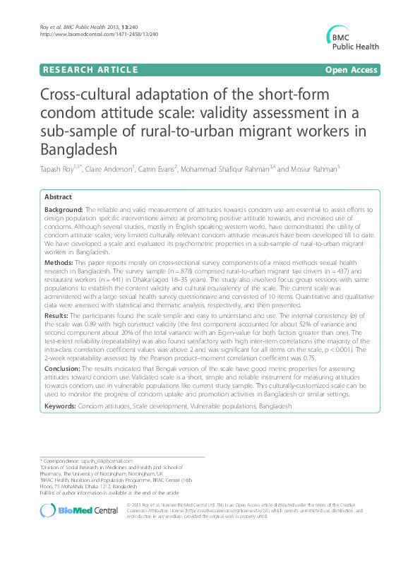 Cross-cultural adaptation of the short-form condom attitude scale: Validity assessment in a sub-sample of rural-to-urban migrant workers in Bangladesh Thumbnail