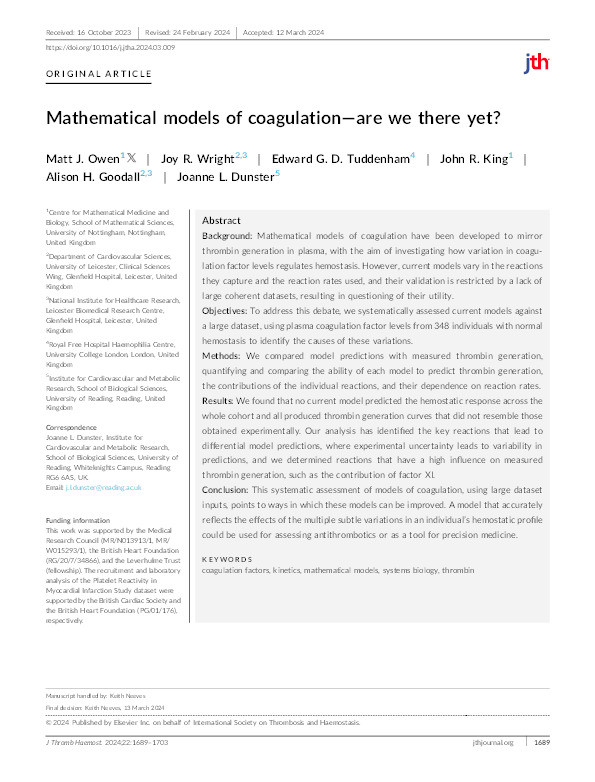 Mathematical models of coagulation—are we there yet? Thumbnail