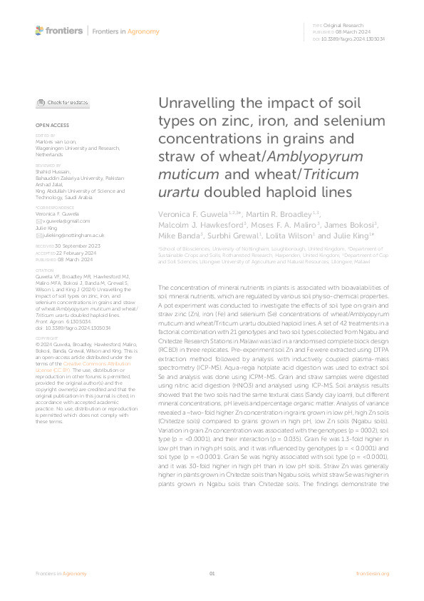 Unravelling the impact of soil types on zinc, iron, and selenium concentrations in grains and straw of wheat/Amblyopyrum muticum and wheat/Triticum urartu doubled haploid lines Thumbnail