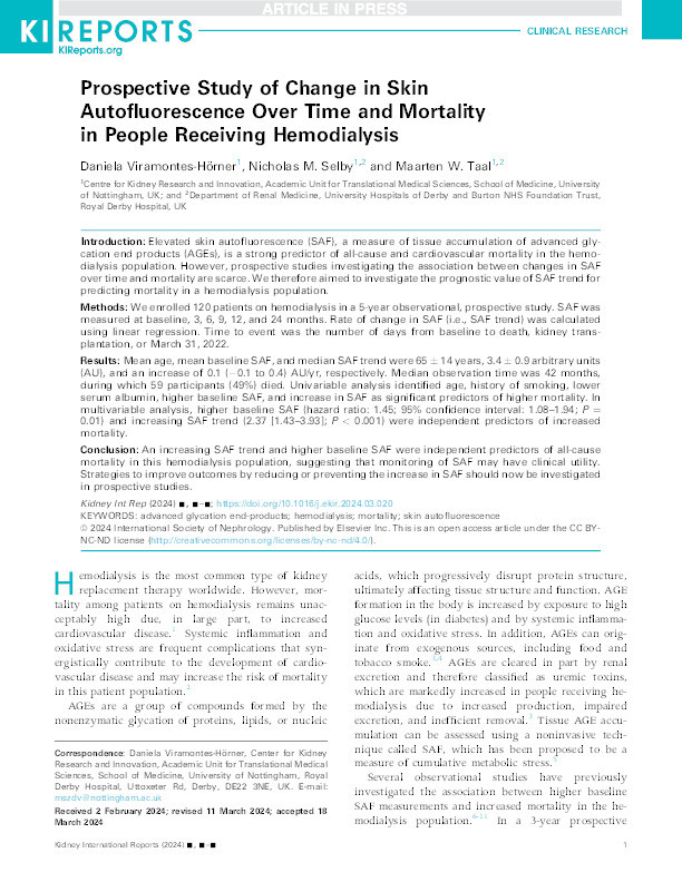 Prospective study of change in skin autofluorescence over time and mortality in people receiving hemodialysis Thumbnail