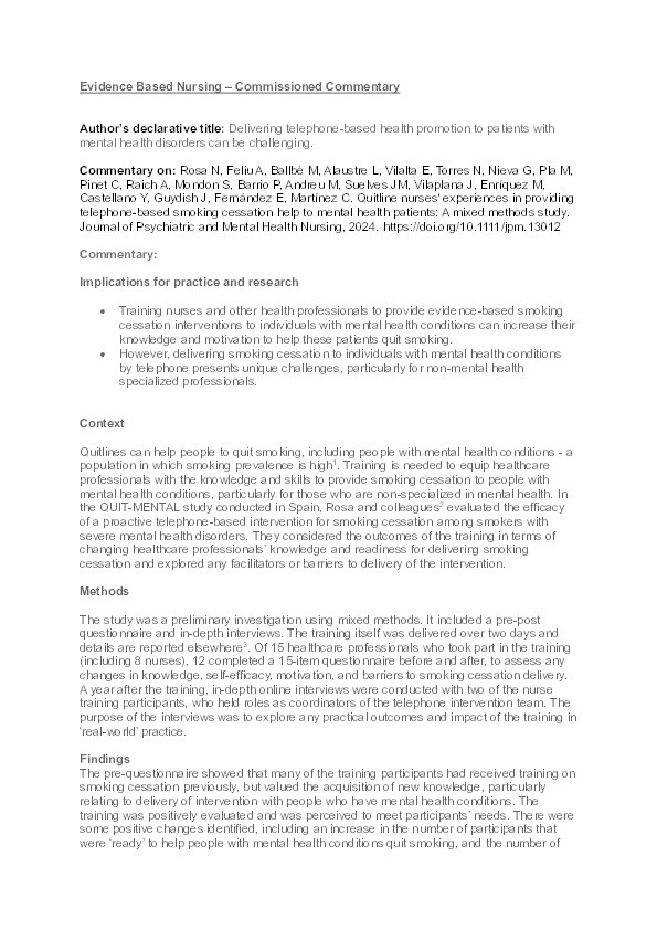 Delivering telephone-based health promotion to patients with mental health disorders can be challenging Thumbnail