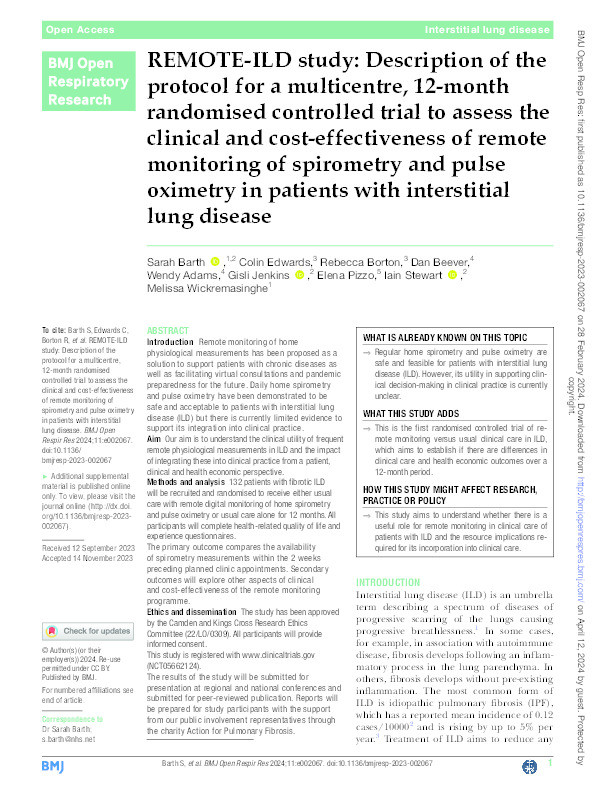 REMOTE-ILD study: Description of the protocol for a multicentre, 12-month randomised controlled trial to assess the clinical and cost-effectiveness of remote monitoring of spirometry and pulse oximetry in patients with interstitial lung disease Thumbnail