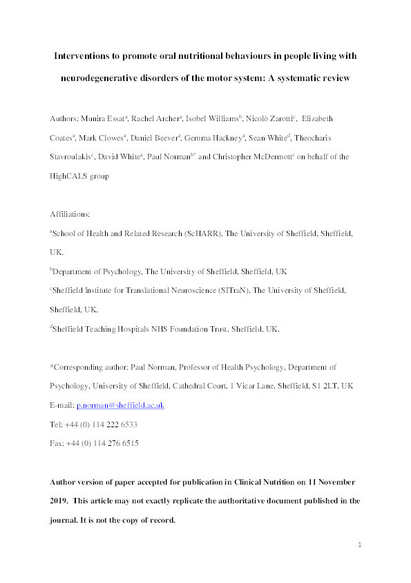 Interventions to promote oral nutritional behaviours in people living with neurodegenerative disorders of the motor system: A systematic review Thumbnail