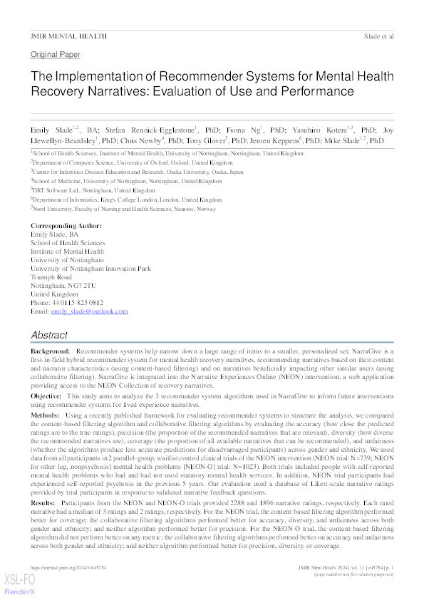 The Implementation of Recommender Systems for Mental Health Recovery Narratives: Evaluation of Use and Performance Thumbnail