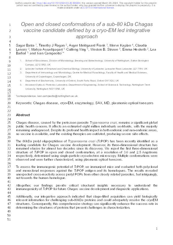 Open and closed conformations of a sub-80 kDa Chagas vaccine candidate defined by a cryo-EM led integrative approach Thumbnail