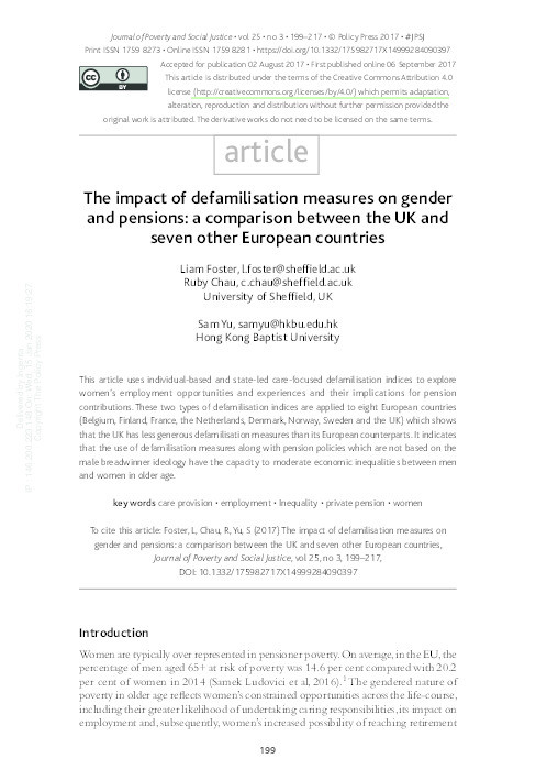 The impact of defamilisation measures on gender and pensions: a comparison between the UK and seven other European countries Thumbnail