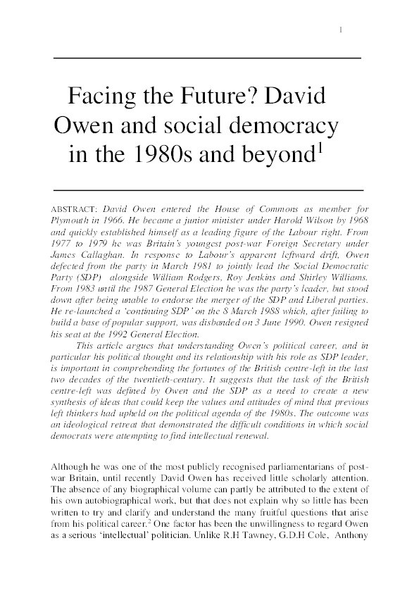 Facing the Future? David Owen and Social Democracy in the 1980s and Beyond Thumbnail