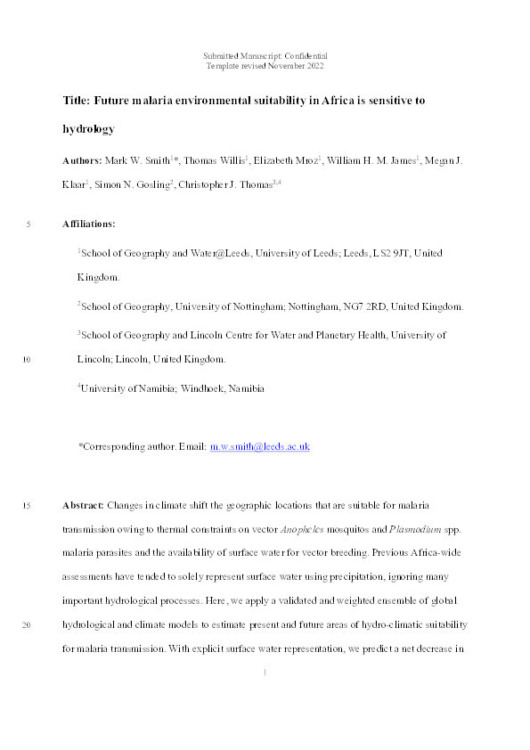 Future malaria environmental suitability in Africa is sensitive to hydrology Thumbnail