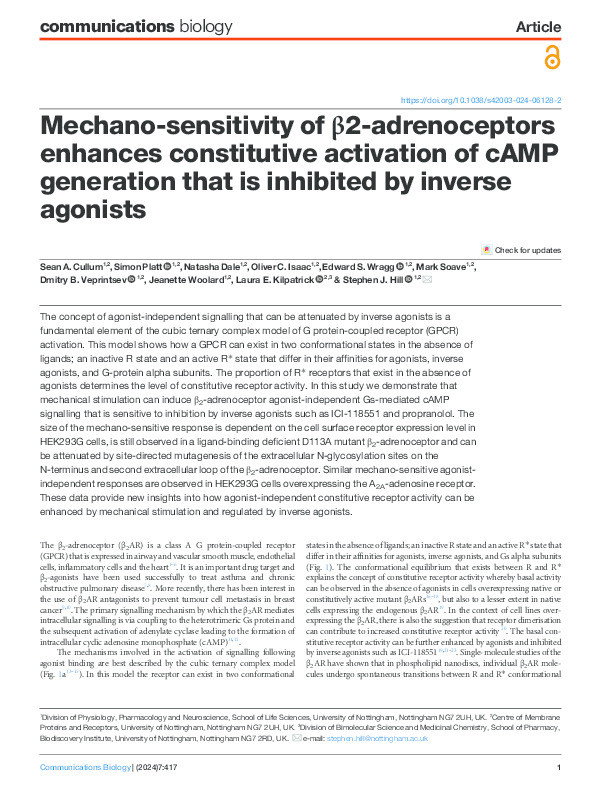 Mechano-sensitivity of β2-adrenoceptors enhances constitutive activation of cAMP generation that is inhibited by inverse agonists Thumbnail