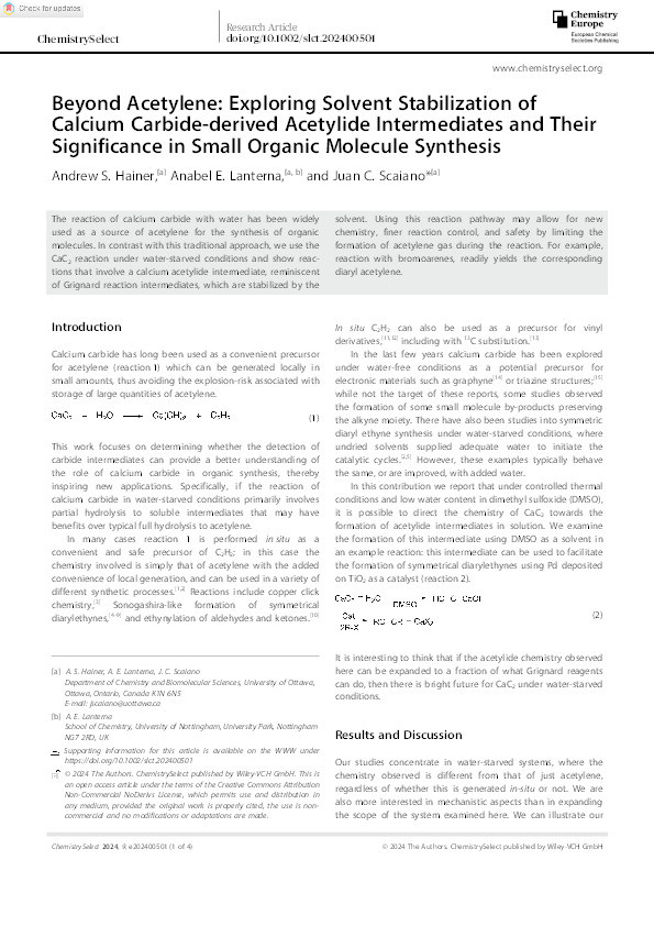 Beyond Acetylene: Exploring Solvent Stabilization of Calcium Carbide‐derived Acetylide Intermediates and Their Significance in Small Organic Molecule Synthesis Thumbnail