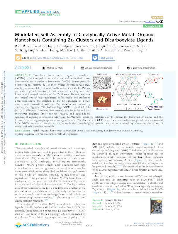 Modulated Self-Assembly of Catalytically Active Metal–Organic Nanosheets Containing Zr6 Clusters and Dicarboxylate Ligands Thumbnail