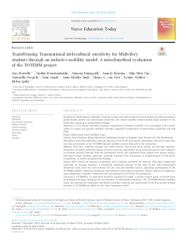 TransfOrming Transnational intErcultural sensitivity for Midwifery students through an inclusive mobility model: A mixed-method evaluation of the TOTEMM project Thumbnail