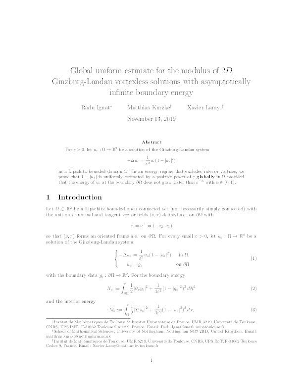 Global Uniform Estimate for the Modulus of Two-Dimensional Ginzburg-Landau Vortexless Solutions with Asymptotically Infinite Boundary Energy Thumbnail