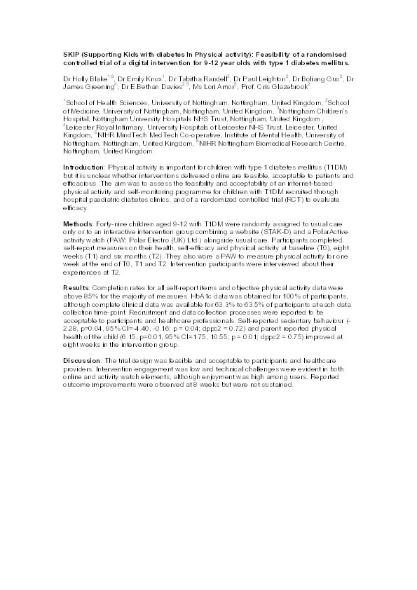 SKIP (Supporting Kids with diabetes In Physical activity): Feasibility of a randomised controlled trial of a digital intervention for 9-12 year olds with type 1 diabetes mellitus Thumbnail