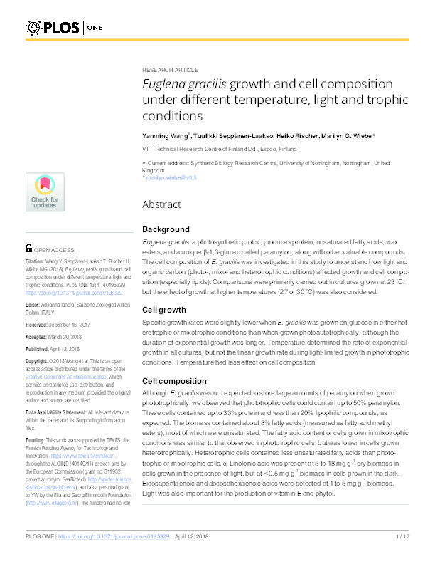 Euglena gracilis growth and cell composition under different temperature, light and trophic conditions Thumbnail