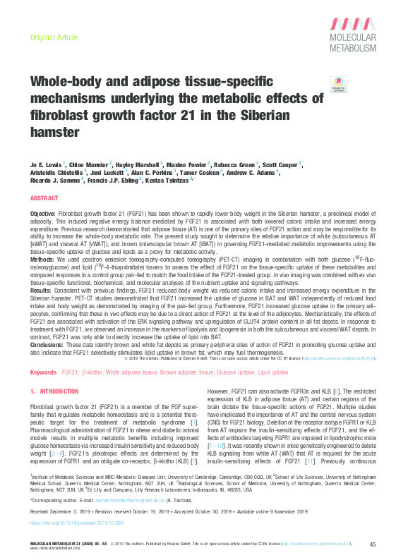 Whole-body and adipose tissue-specific mechanisms underlying the metabolic effects of fibroblast growth factor 21 in the Siberian hamster Thumbnail