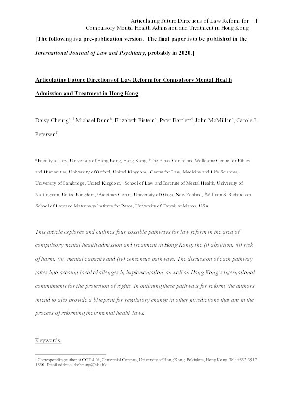 Articulating future directions of law reform for compulsory mental health admission and treatment in Hong Kong Thumbnail