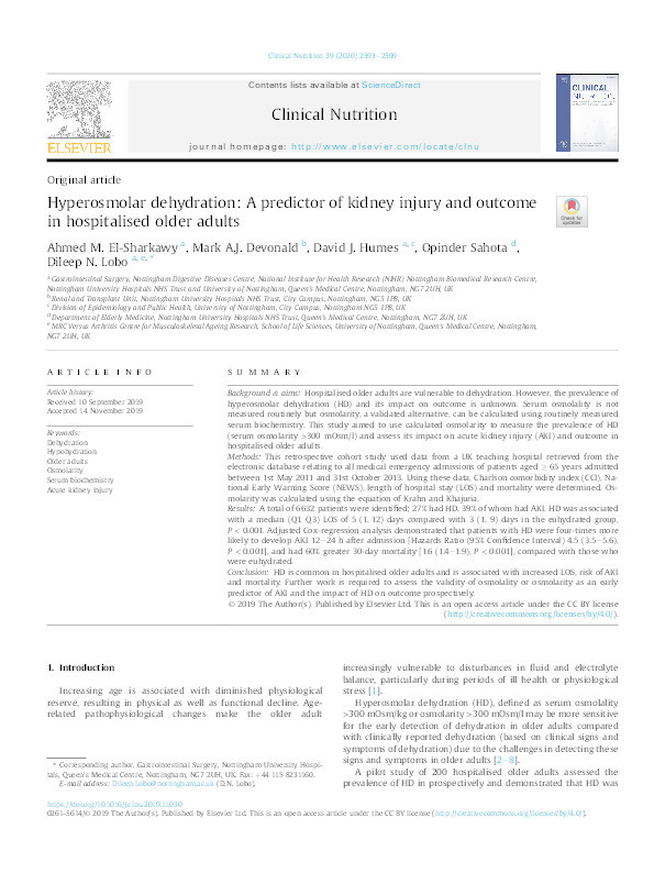 Hyperosmolar dehydration: a predictor of kidney injury and outcome in hospitalised older adults Thumbnail