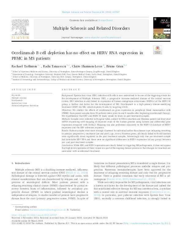 Ocrelizumab B cell depletion has no effect on HERV RNA expression in PBMC in MS patients Thumbnail