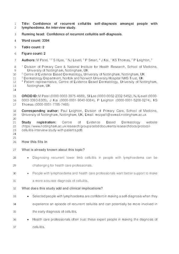 Confidence of recurrent cellulitis self-diagnosis among people with lymphoedema: a qualitative interview study Thumbnail