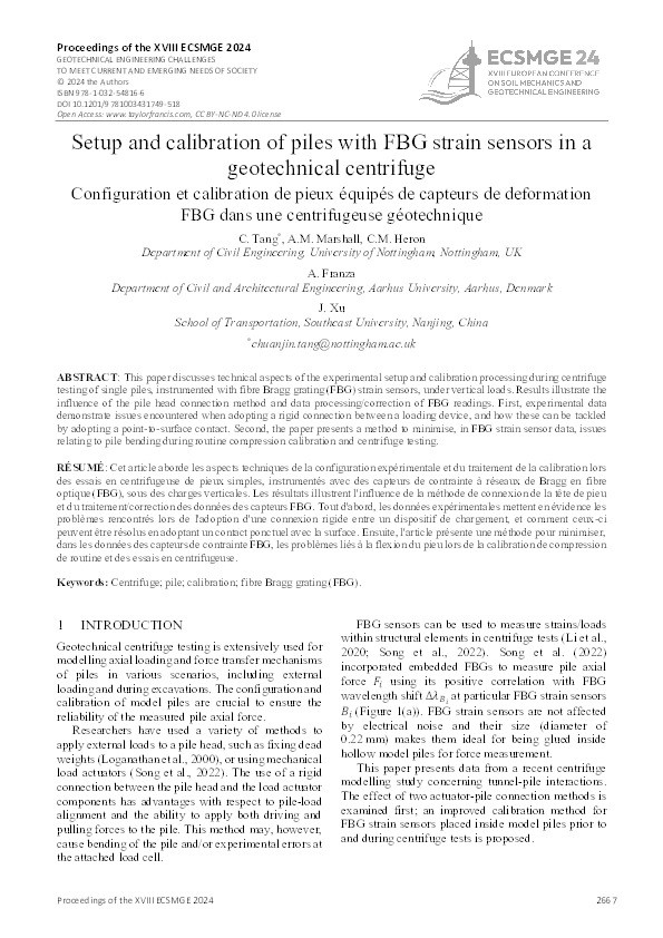 Setup and calibration of piles with FBG strain sensors in a geotechnical centrifuge Thumbnail