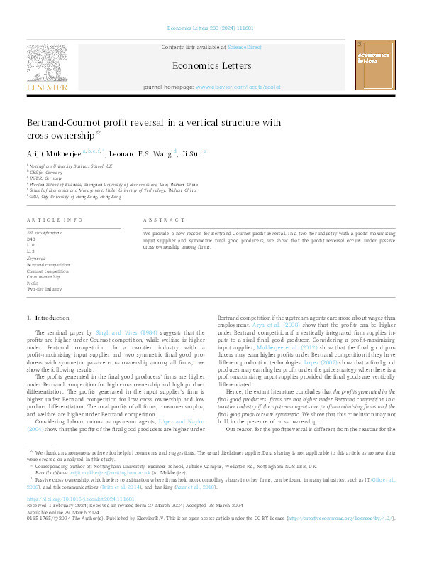 Bertrand-Cournot profit reversal in a vertical structure with cross ownership Thumbnail