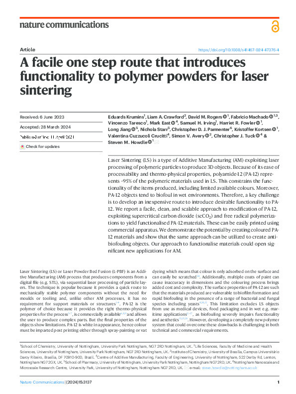 A facile one step route that introduces functionality to polymer powders for laser sintering Thumbnail