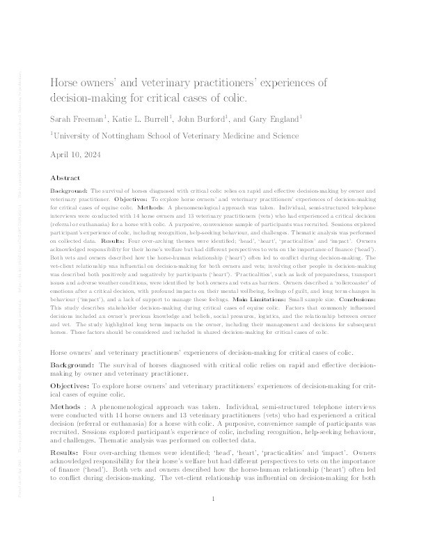 Horse owners' and veterinary practitioners' experiences of decision-making for critical cases of colic Thumbnail