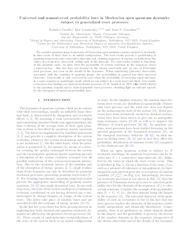 Universal and nonuniversal probability laws in Markovian open quantum dynamics subject to generalized reset processes Thumbnail