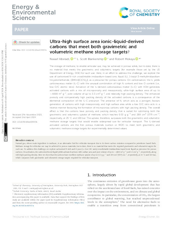 Ultra-high surface area ionic-liquid-derived carbons that meet both gravimetric and volumetric methane storage targets Thumbnail