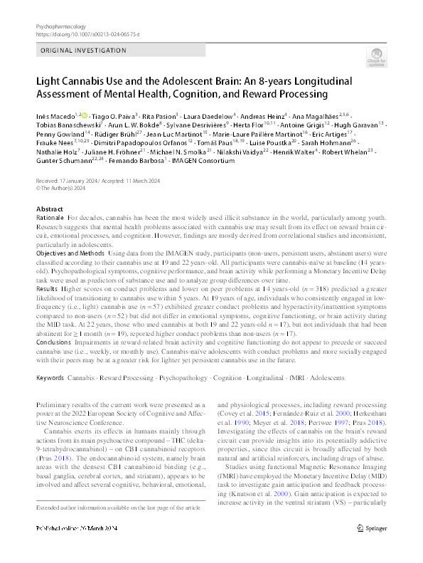 Light Cannabis Use and the Adolescent Brain: An 8-years Longitudinal Assessment of Mental Health, Cognition, and Reward Processing. Thumbnail