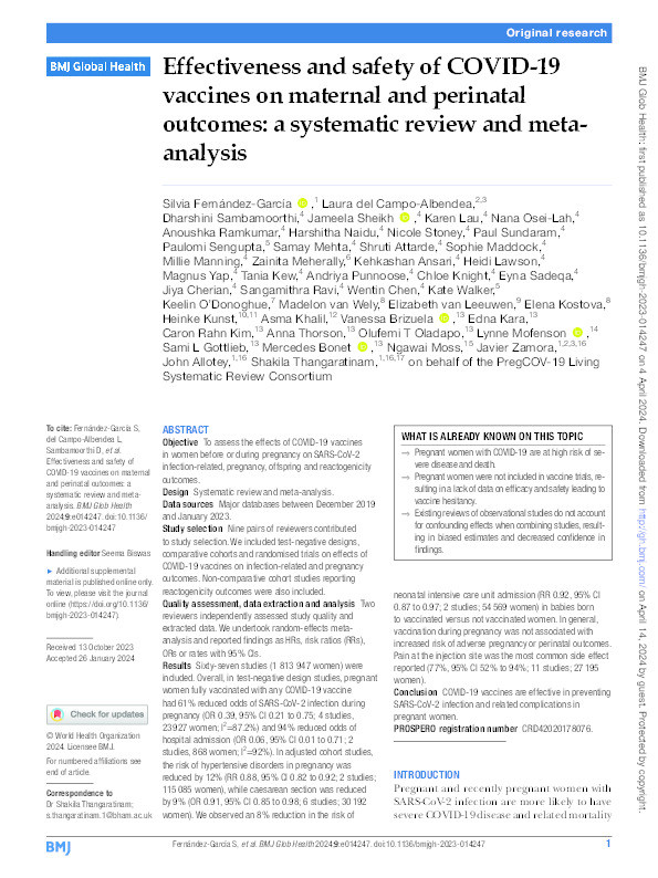 Effectiveness and safety of COVID-19 vaccines on maternal and perinatal outcomes: a systematic review and meta-analysis Thumbnail