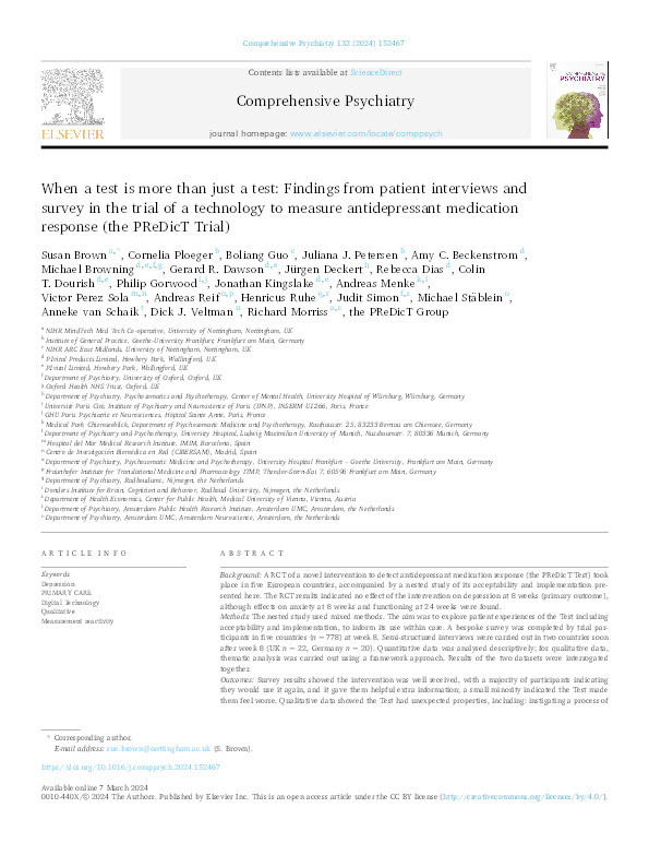 When a test is more than just a test: Findings from patient interviews and survey in the trial of a technology to measure antidepressant medication response (the PReDicT Trial) Thumbnail