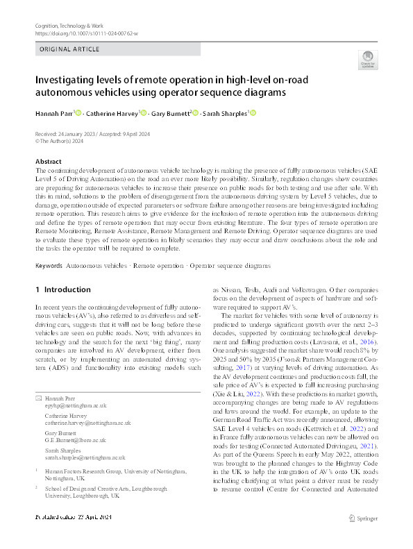 Investigating levels of remote operation in high-level on-road autonomous vehicles using operator sequence diagrams Thumbnail