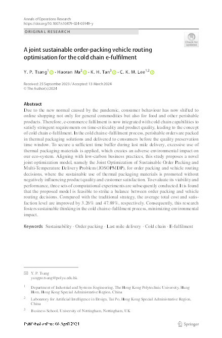 A joint sustainable order-packing vehicle routing optimisation for the cold chain e-fulfilment Thumbnail