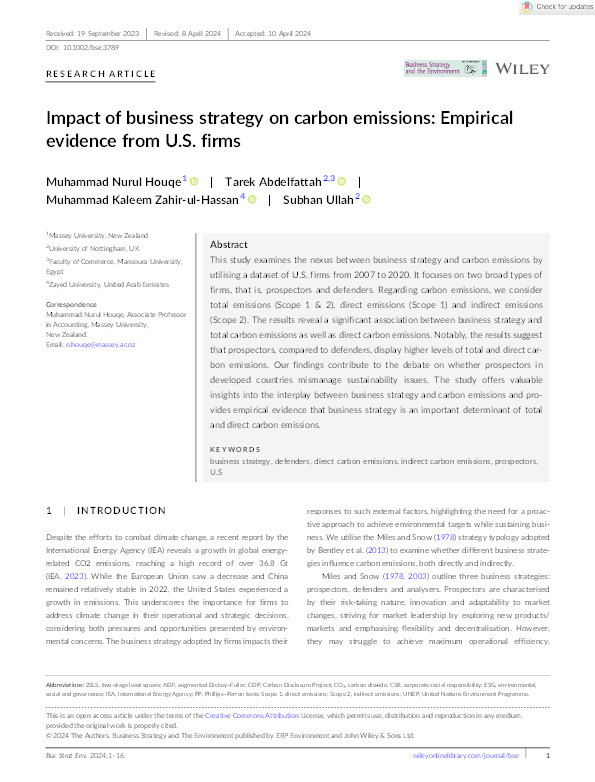 Impact of business strategy on carbon emissions: Empirical evidence from U.S. firms Thumbnail